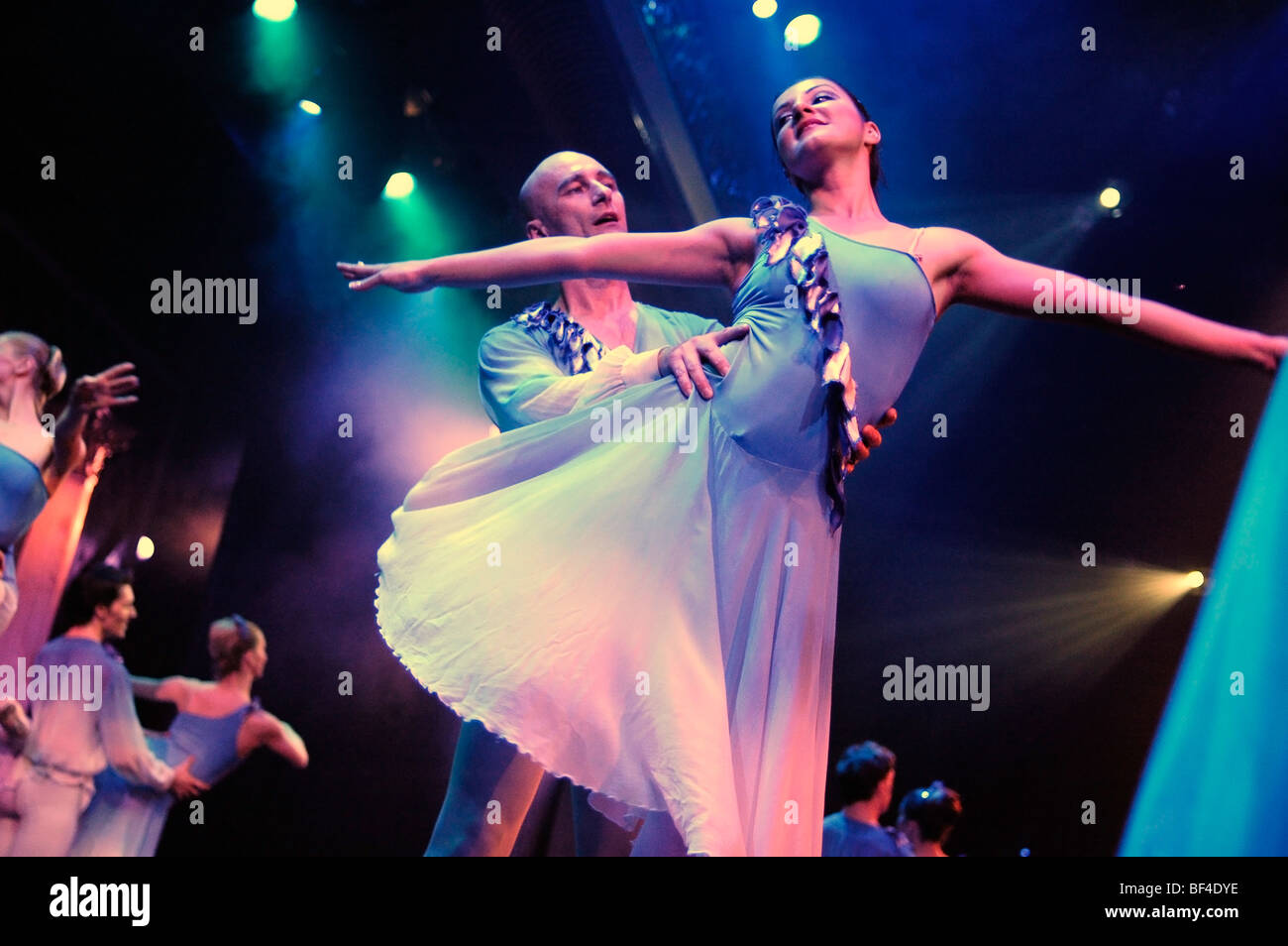 dancers performing on stage, cruise ship show, Queen Mary 2 Stock Photo