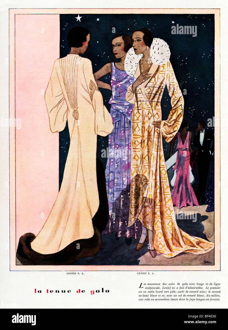 La Tenue De Gala, 1930s French fashion magazine illustration, long elegant evening gowns by Lenief Stock Photo