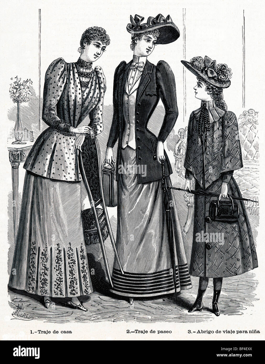 1891 Ladies Fashion, engraving of various ladies outfits from a Portugese fashion magazine Stock Photo