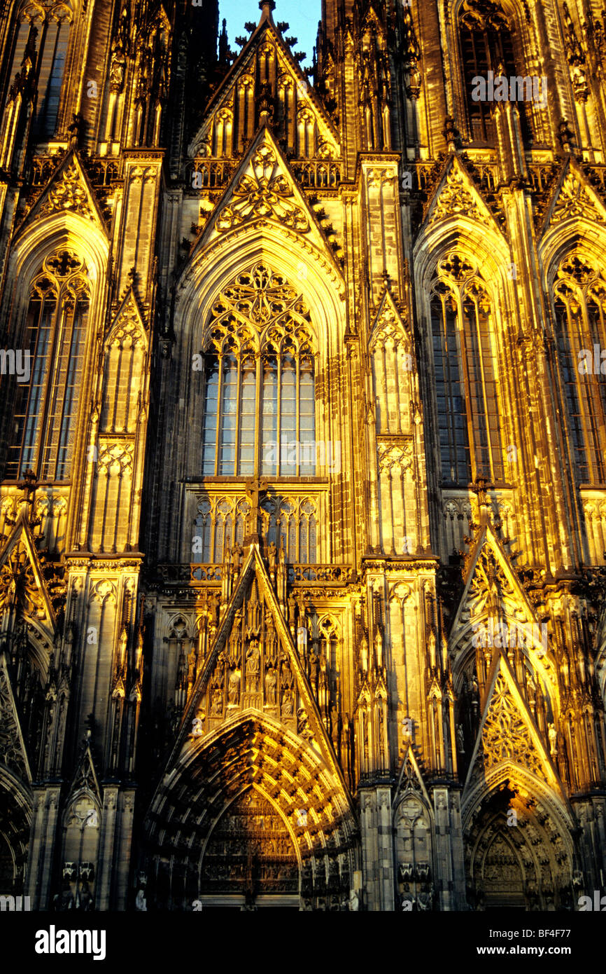 Koelner Dom Cologne Cathedral in the evening light, west facade in Gothic style, Domplatte cathedral square, old town, Cologne, Stock Photo