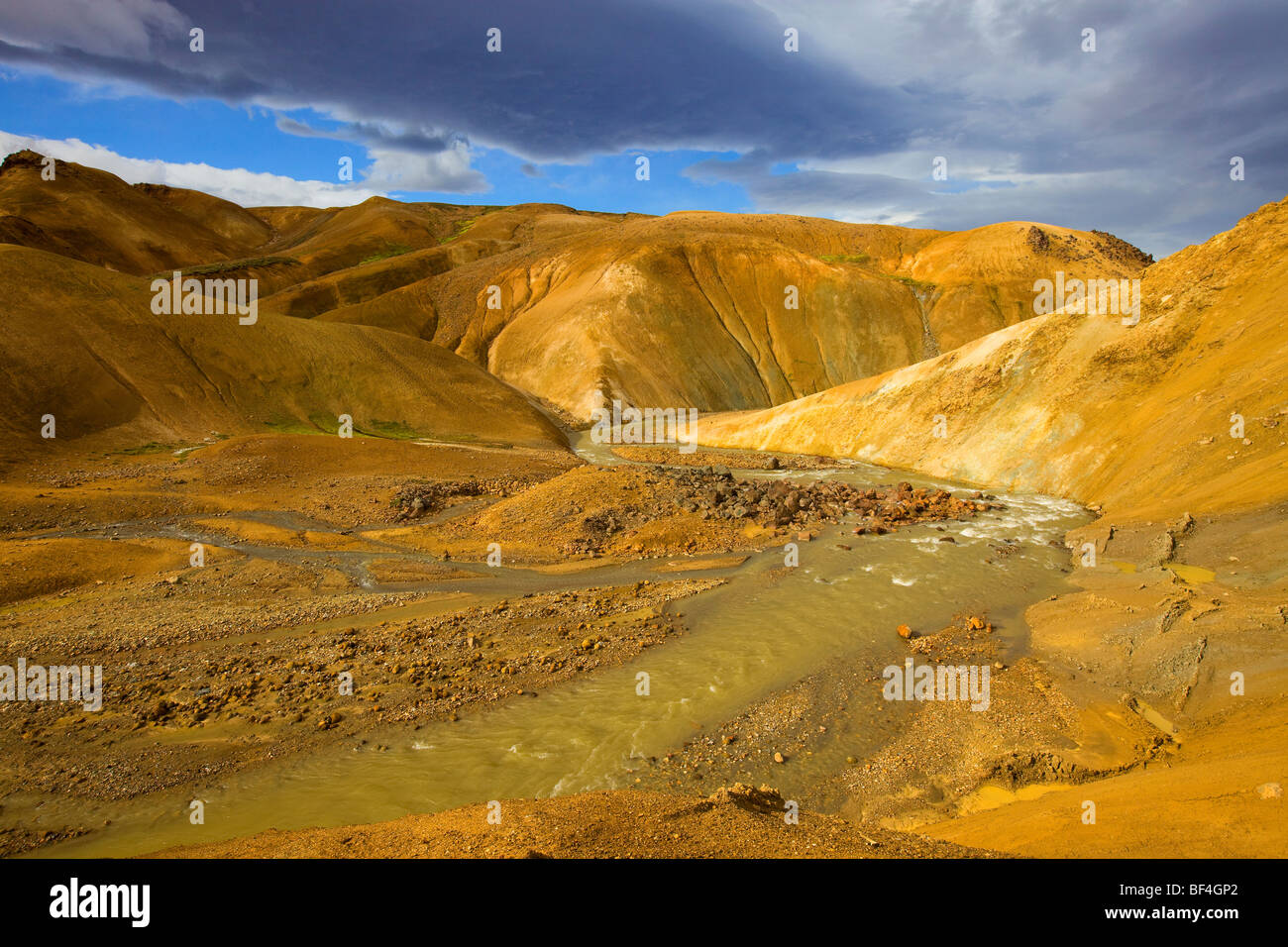 Geothermal area Kerlingarfjoell, hills coloured by minerals and colorful rhyolite mountains underneath the Kerlingarfjoell glac Stock Photo