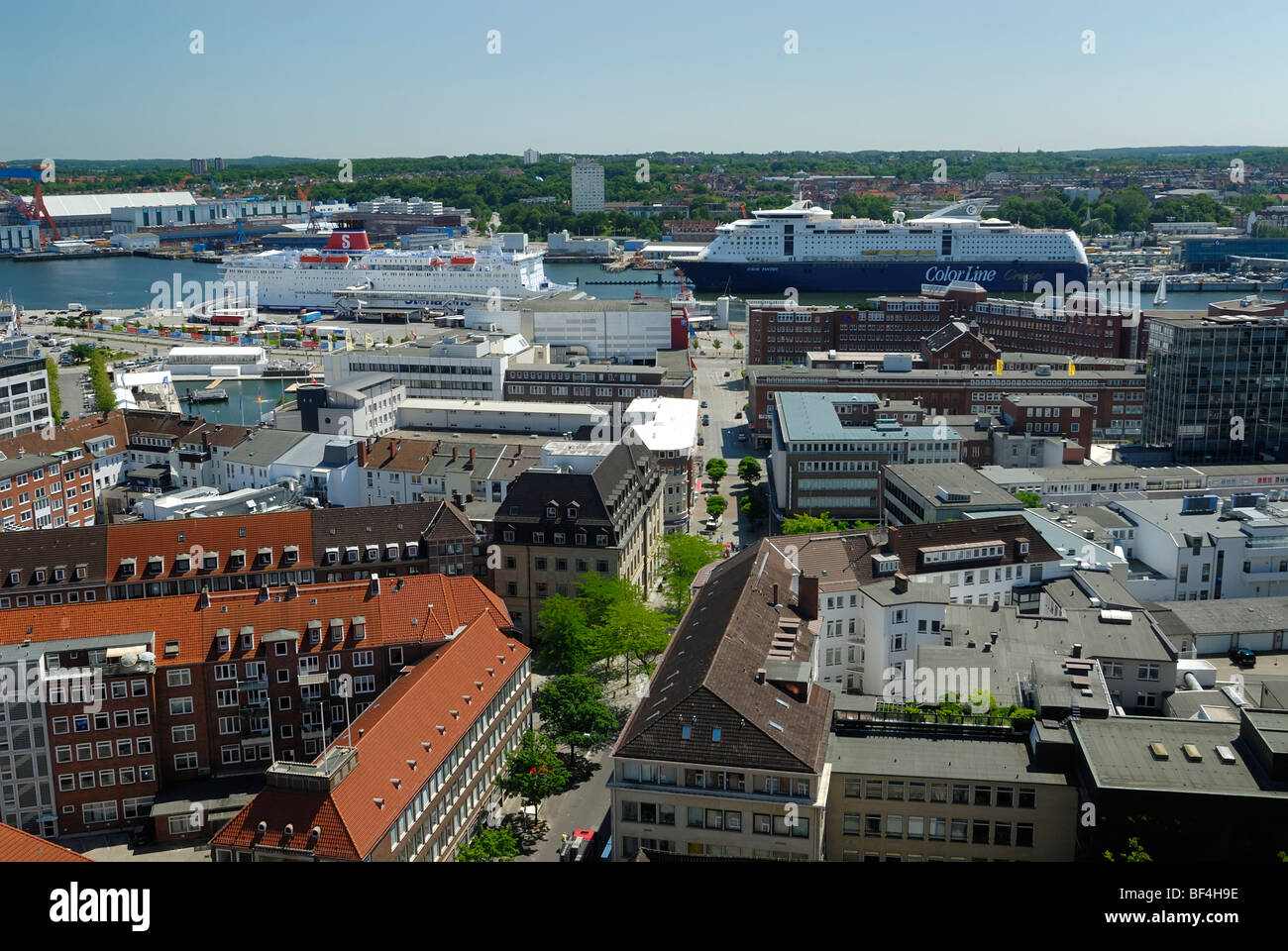 View over the city of Kiel towards the inner fjord with the ferries of the Stena Line for Swedish connections and ColorLine for Stock Photo