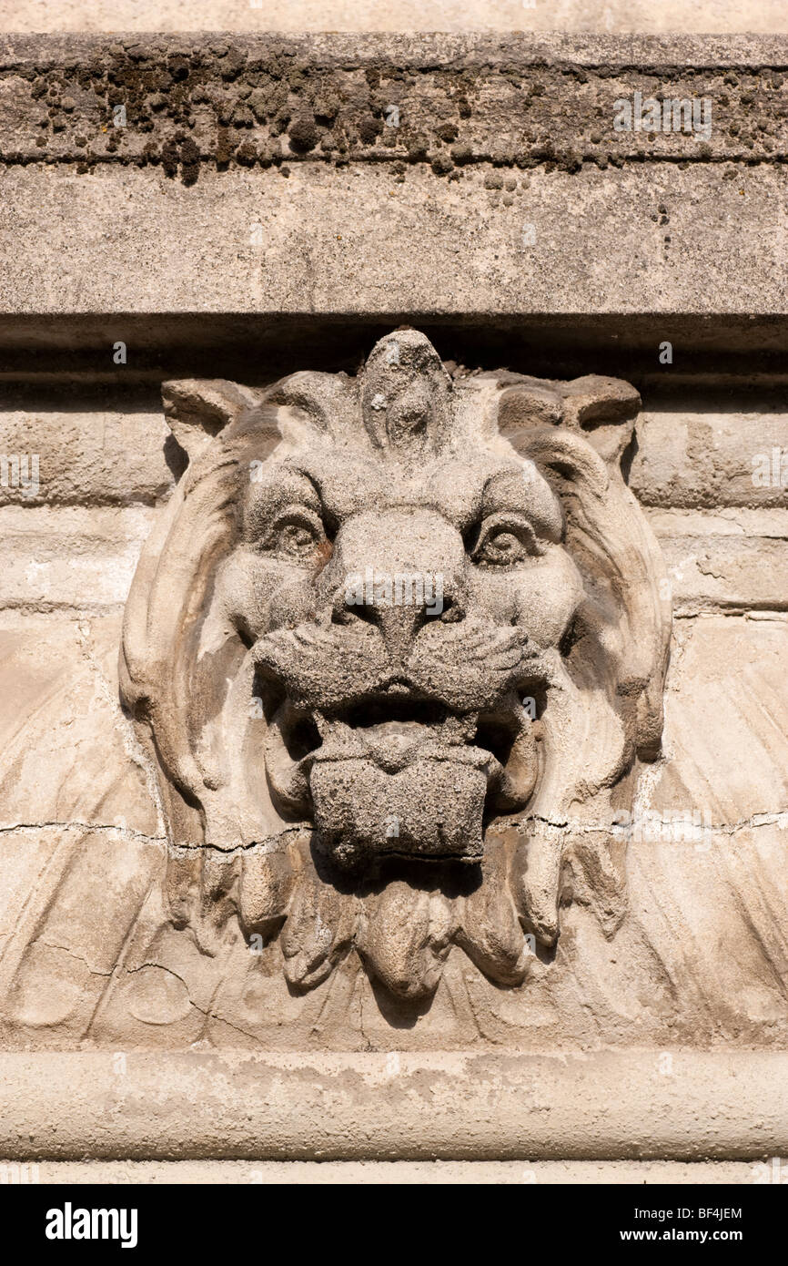 Architectural embellishment in the form of a lion's head on the Hearst Gymnasium at UC Berkeley. Stock Photo