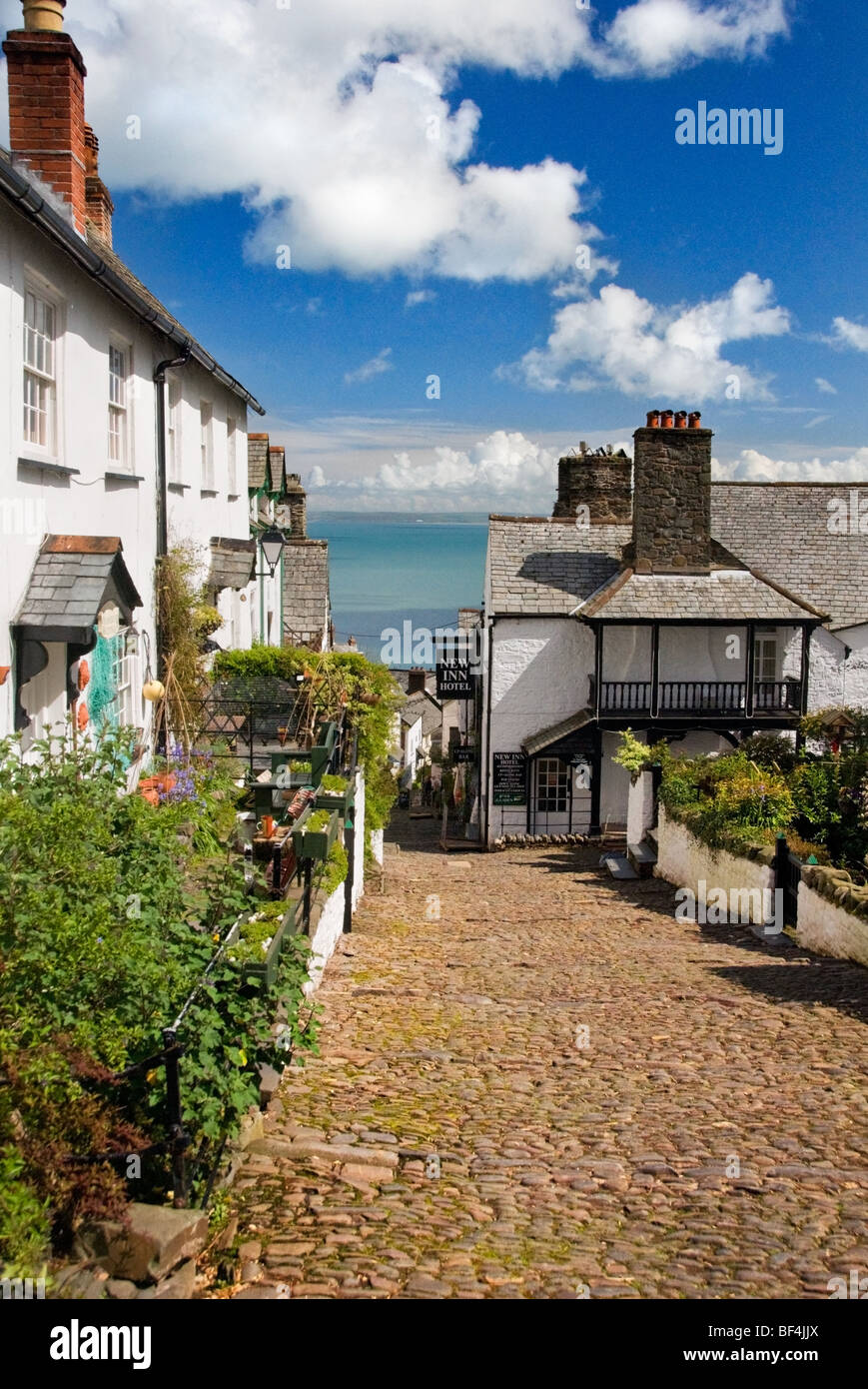 The steep cobbled main street through the picturesque village of Clovelly in Devon, England, UK Stock Photo