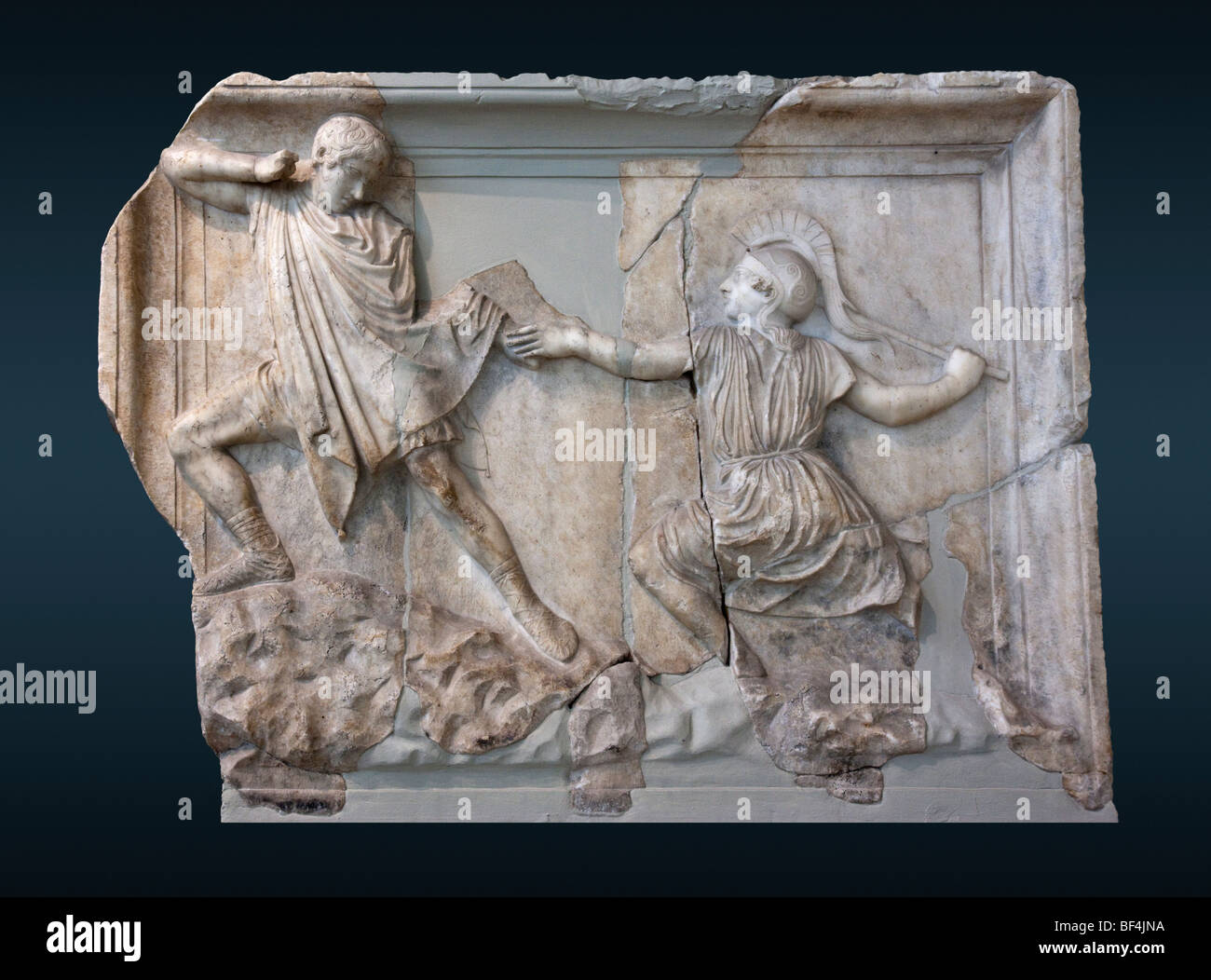 Relief in Piraeus depicting an Amazonomachy. See description for more information. Stock Photo