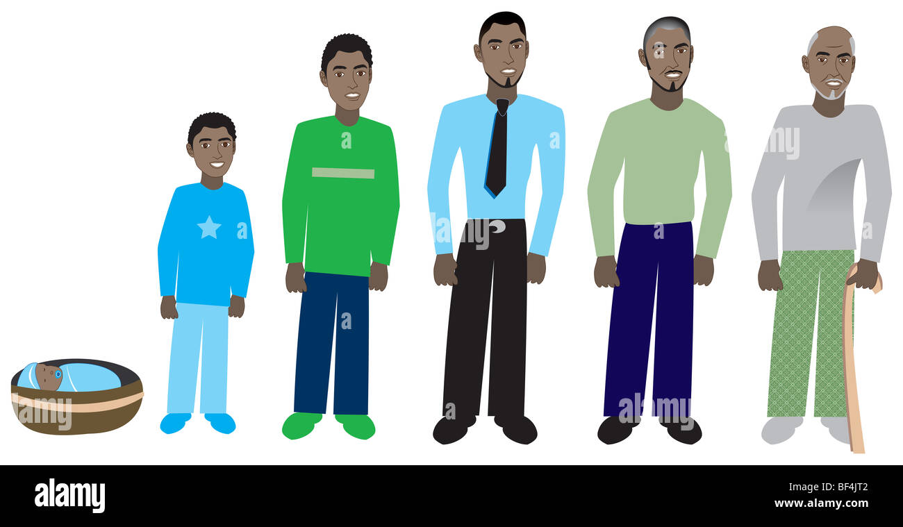 Male age progression, available for females and in different skin tones. Six different ages. Vector Illustration. Stock Photo