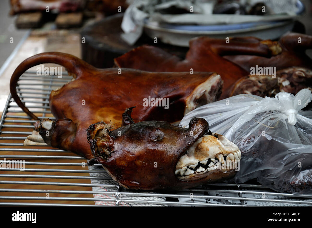 Ben Thanh Market ho chi minh vietnam whole cooked roast dog dogs canine pet head gruesome for sale sell unsanitary  conditions Stock Photo