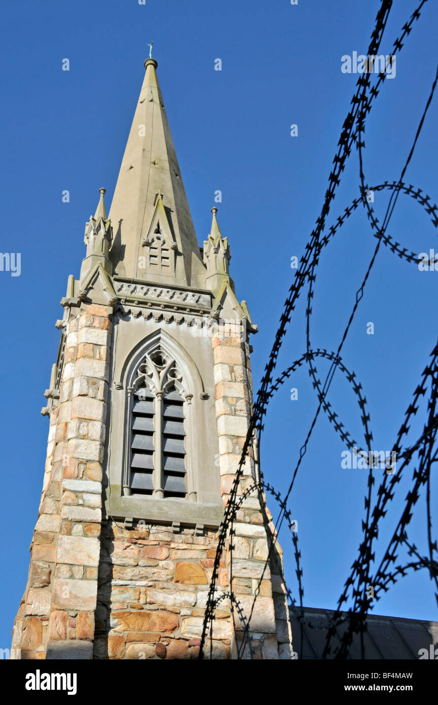 Church surrounded with barbed wire in Port Elizabeth, Eastern Cape, South Africa, Africa Stock Photo