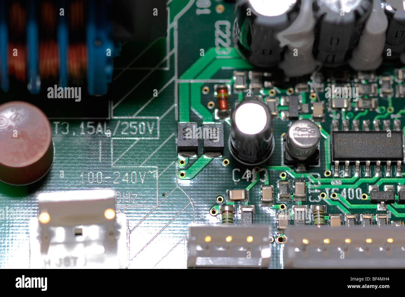 Macro close-up of electronics.  This image illustrates many electronics components. Stock Photo