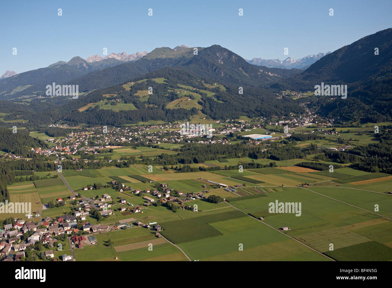 Koetschach-Mauthen, aerial photo, Gail, Carnic Alps, Carinthia, Austria, Europe Stock Photo