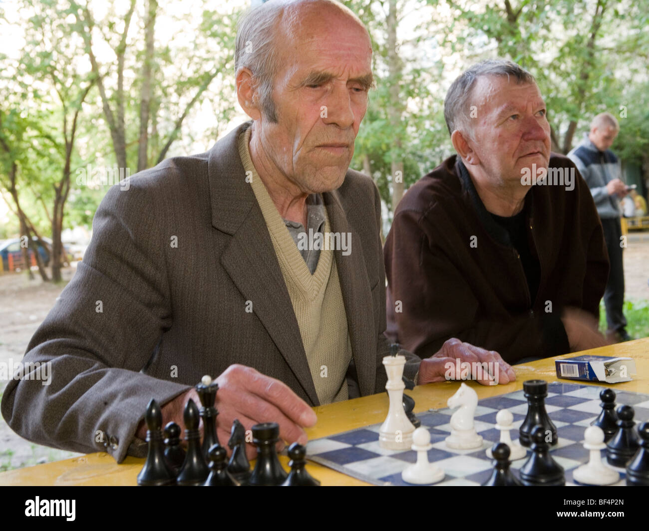 Two russian men playing chess in park,  Ekaterinburg Russia Stock Photo