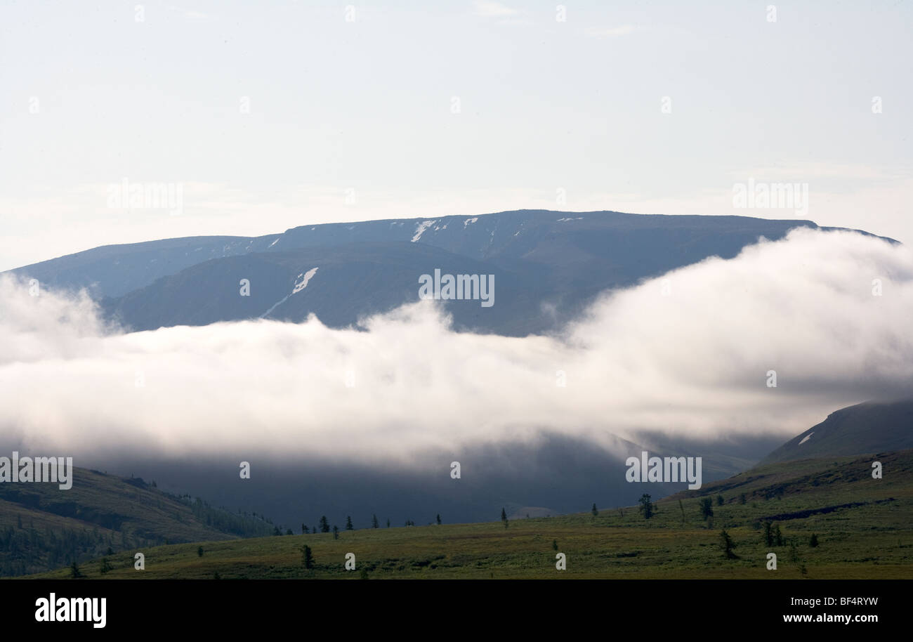 Mountain valley landscape with low cloud, Polyarny, Arctic Russia Stock Photo