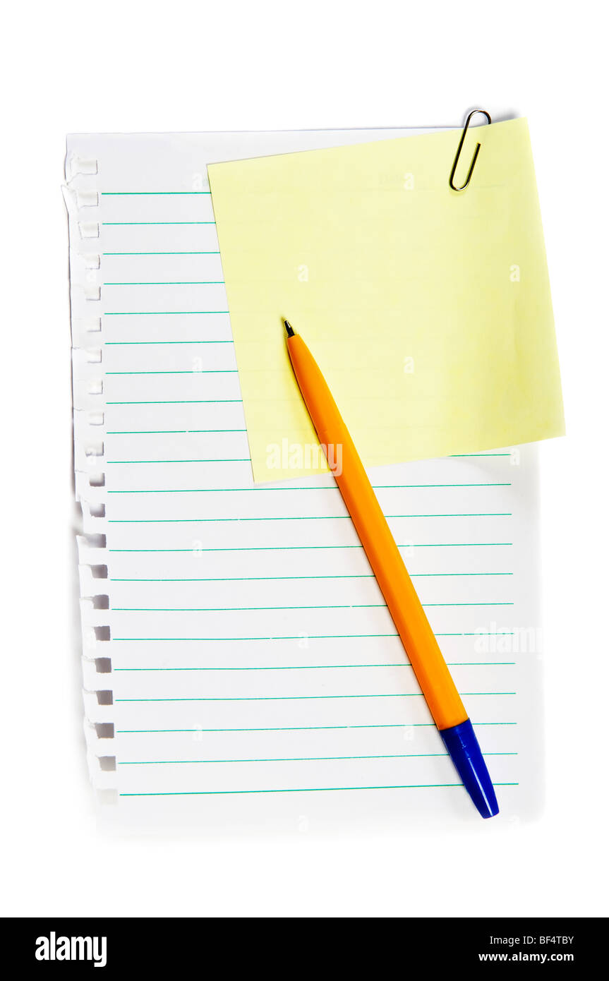 Yellow sticky memo with paper clip, write note on it Stock Photo