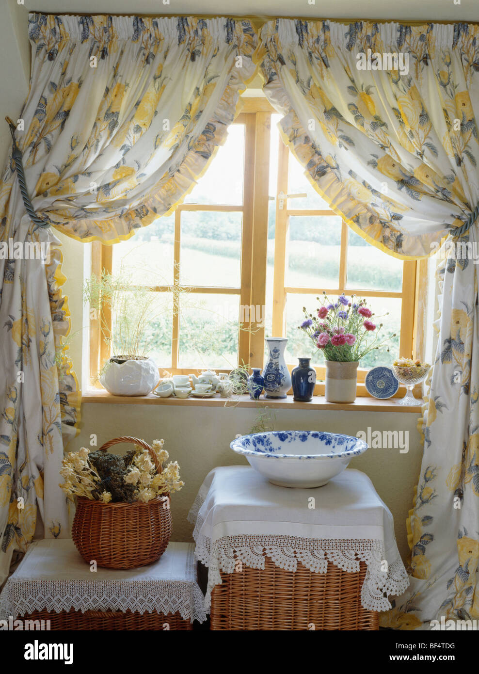 Floral Curtains On Open Casement Window In Cottage Bathroom With 