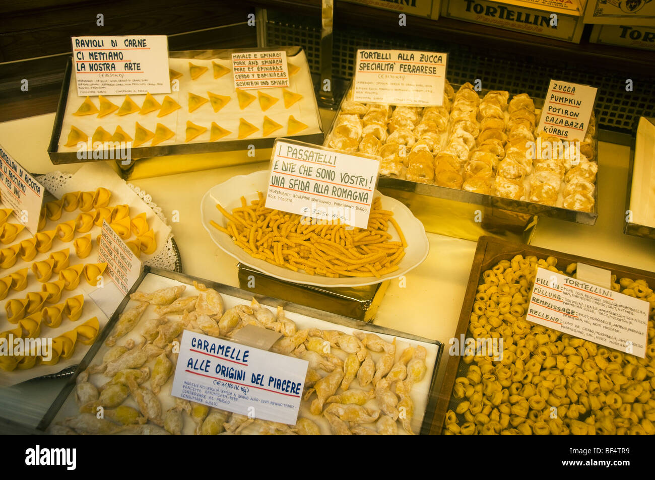 Fresh Tortellini and other pasta in market, Bologna, Italy Stock Photo