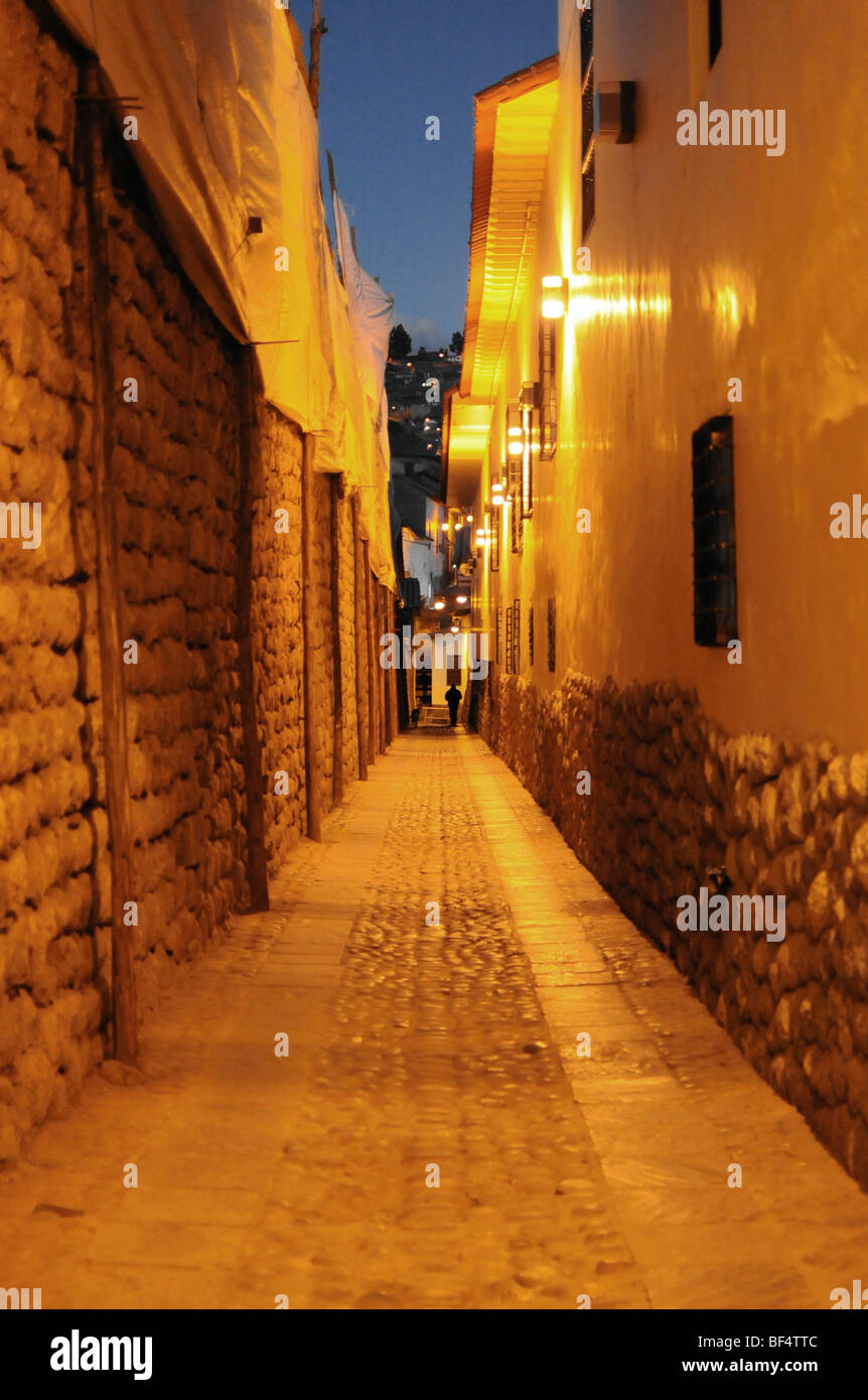 Night scene, narrow alleyway, Santa Monica, Cusco, Inca settlement, Quechua settlement, Peru, South America, Latin America Stock Photo