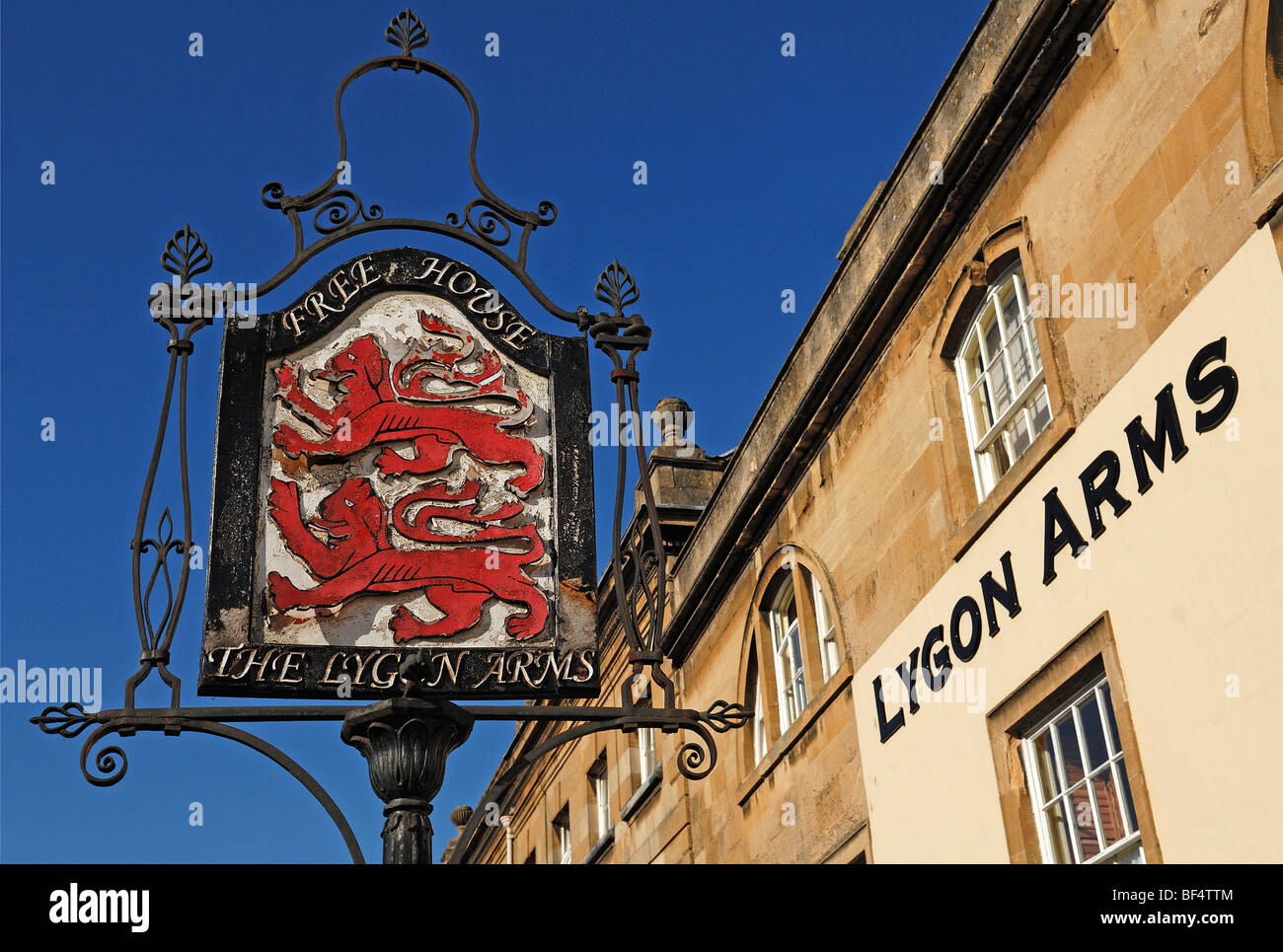 Old inn and hotel sign, The Lygon Arms, 16th Century, High Street, Chipping Campden, Gloucestershire, England, United Kingdom,  Stock Photo