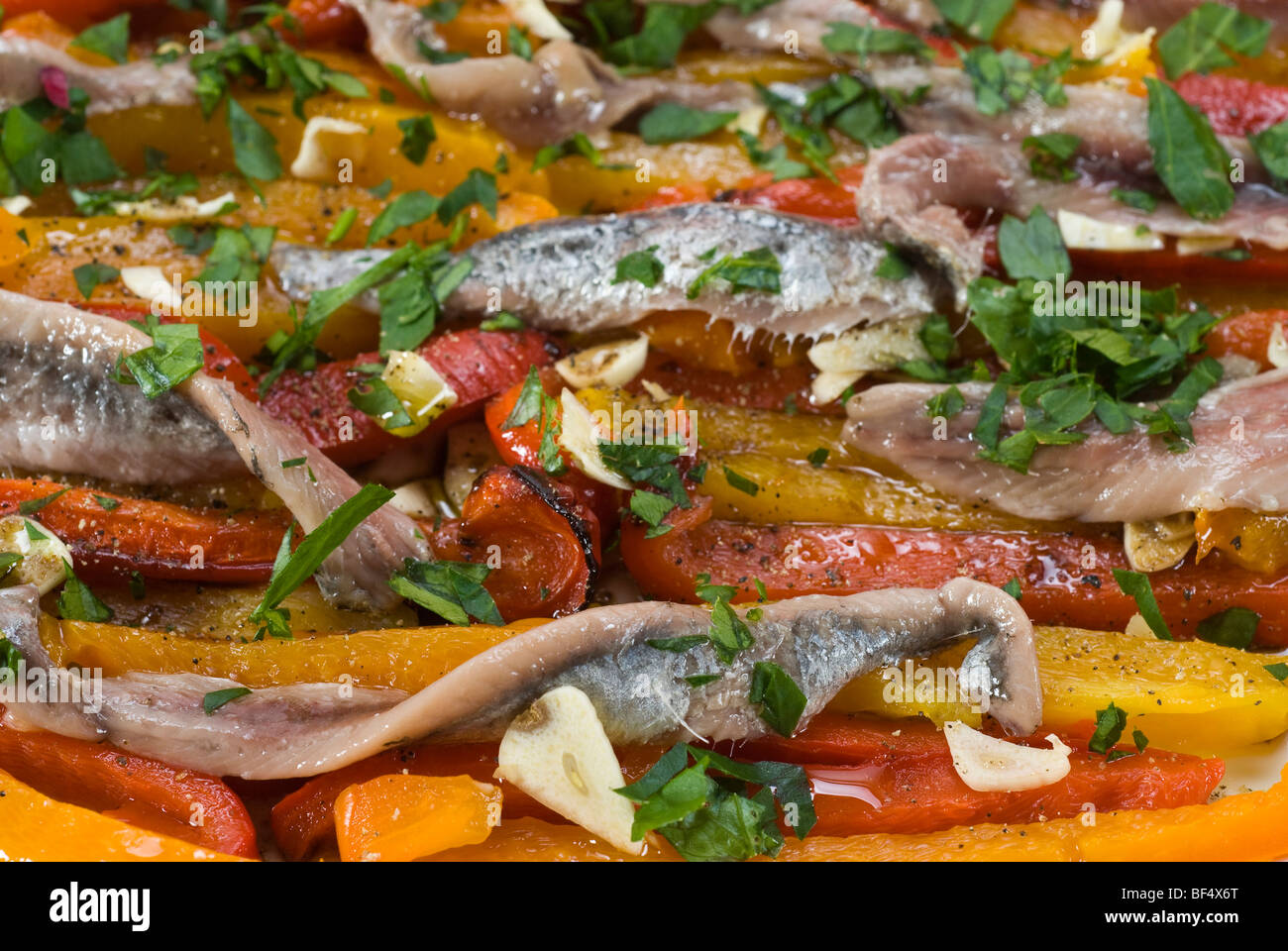 Anchovy fillets with capsicum stripes with garlic, olive oil and parsley Stock Photo