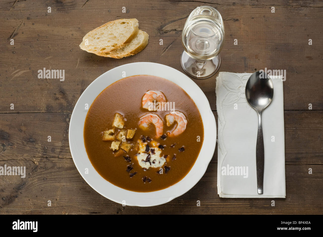 Fish soup, Soupe de Poisson, with shrimp, croutons and Dulse (Palmaria