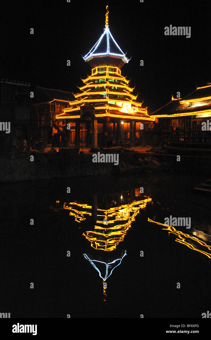 Drum Tower at night, Zhaoxing Dong Village, Liping County, Guizhou Province, China Stock Photo