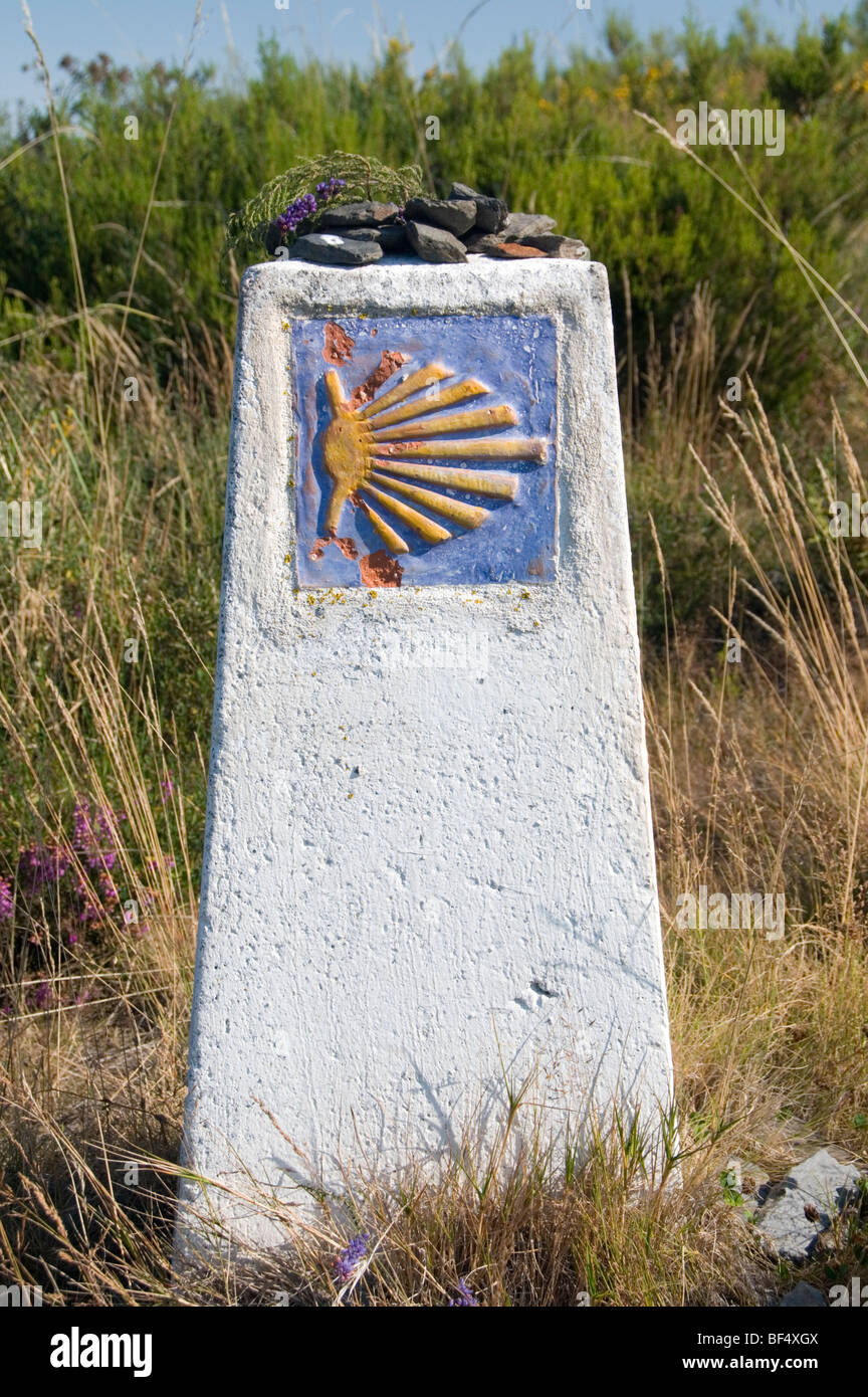 Way marker on the Camino Primitivo pilgrimage route to Santiago de  Compostela near Los Hospitales. Asturias, Spain Stock Photo - Alamy