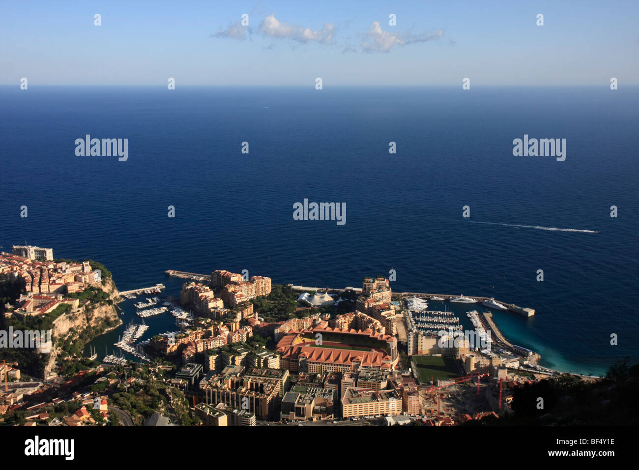 Fontvieille district with the ports of Fontvieille and Cap d'Ail, the football stadium of AS Monaco and the tent of the Circus  Stock Photo