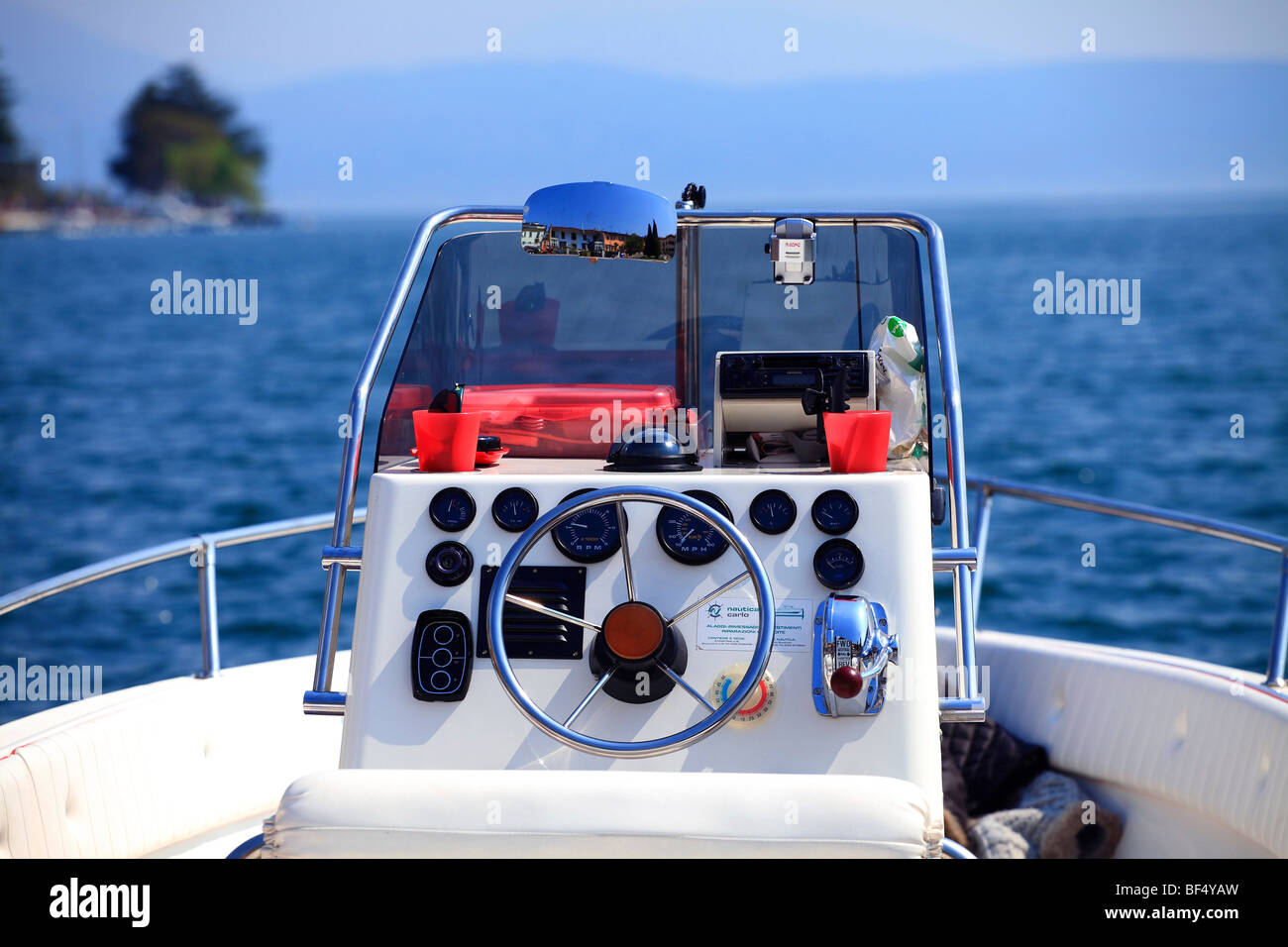 Steering wheel of a motorboat, Salò on Lake Garda, Italy, Europe Stock Photo