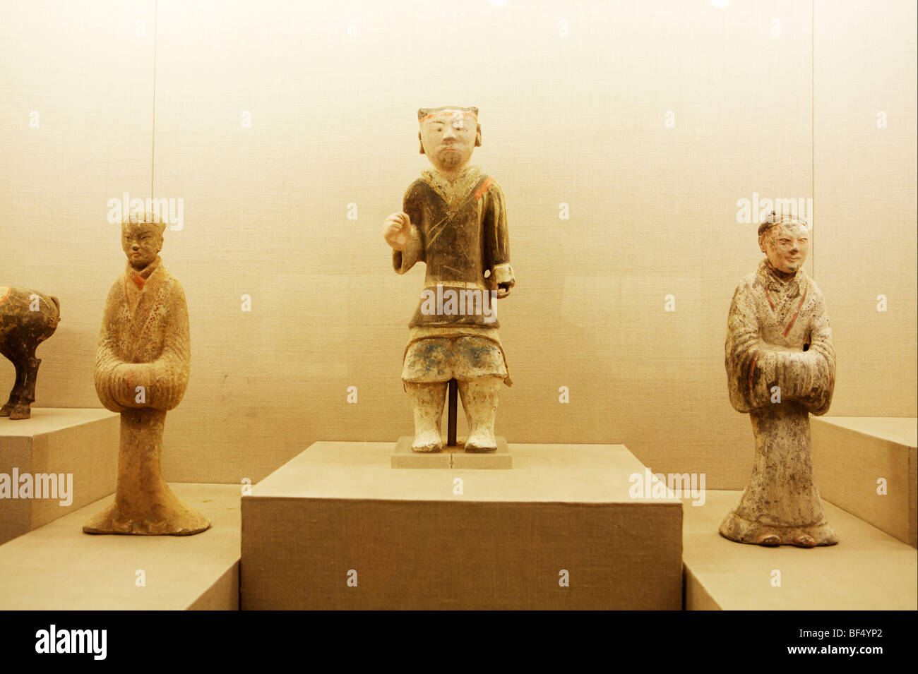 Clay figurines from Han Dynasty exhibited in Authur M. Sackler Museum of Art and Archaeology, Peking University, Beijing, China Stock Photo