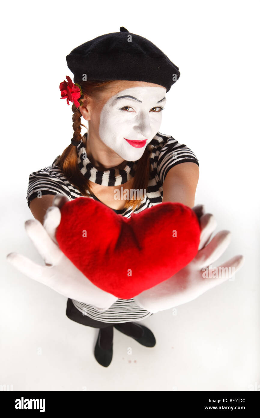 Portrait of a mime, valentine day concept. Isolated over white background Stock Photo