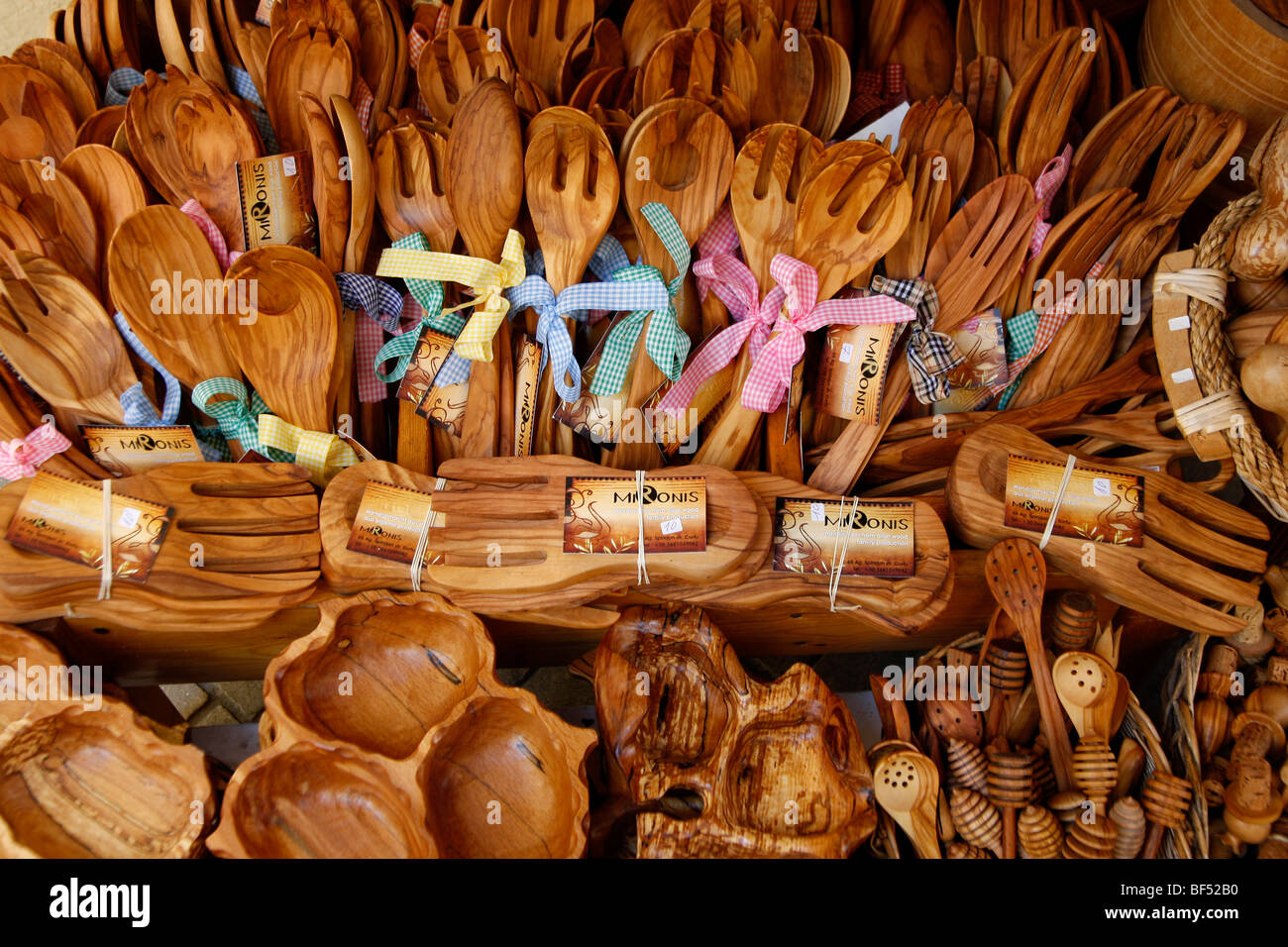 Products from olive wood in Corfu on the island of Corfu, Greece, Europe Stock Photo