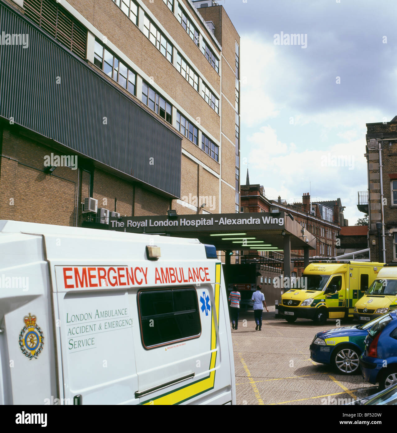 Ambulances parked outside A & E at the Royal London Hospital Alexandra Wing in Whitechapel East London UK  KATHY DEWITT Stock Photo