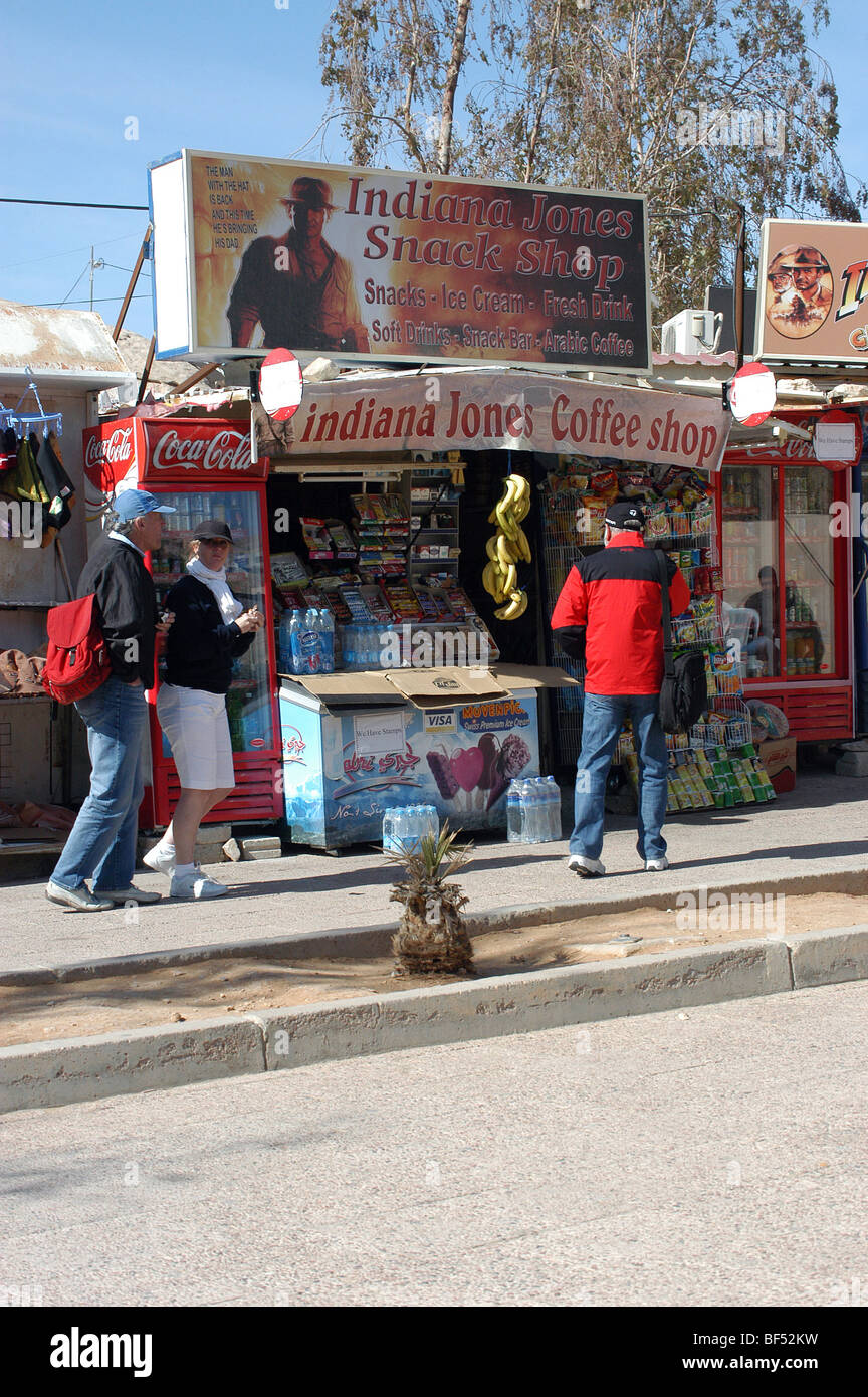 Business enterprise at the entrance to Petra, Jordan, Tourists at the Indiana Jones Coffee shop. Stock Photo
