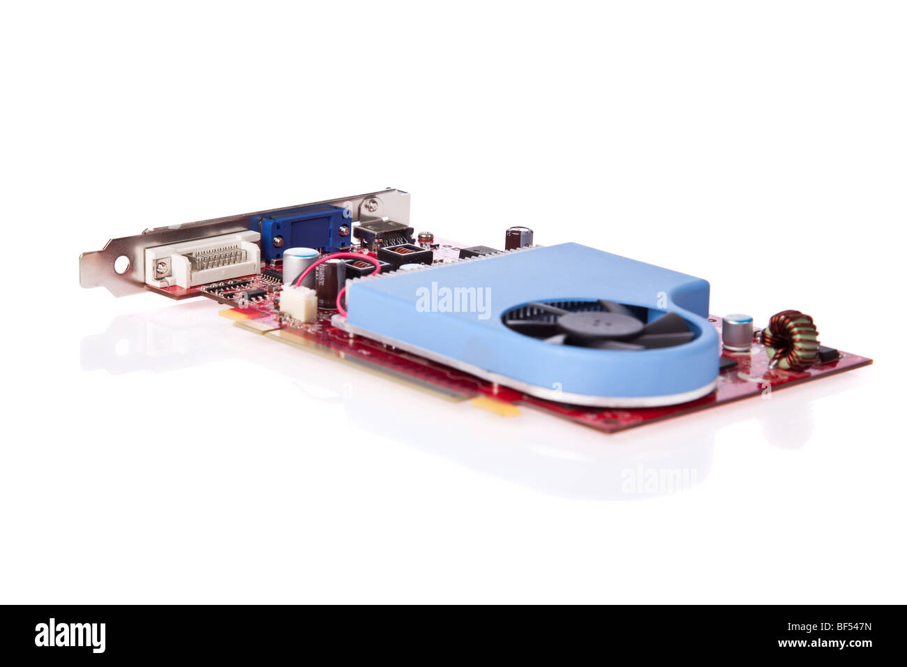 PCI express video card with cooler isolated on a white background. Focus on plugs. Stock Photo