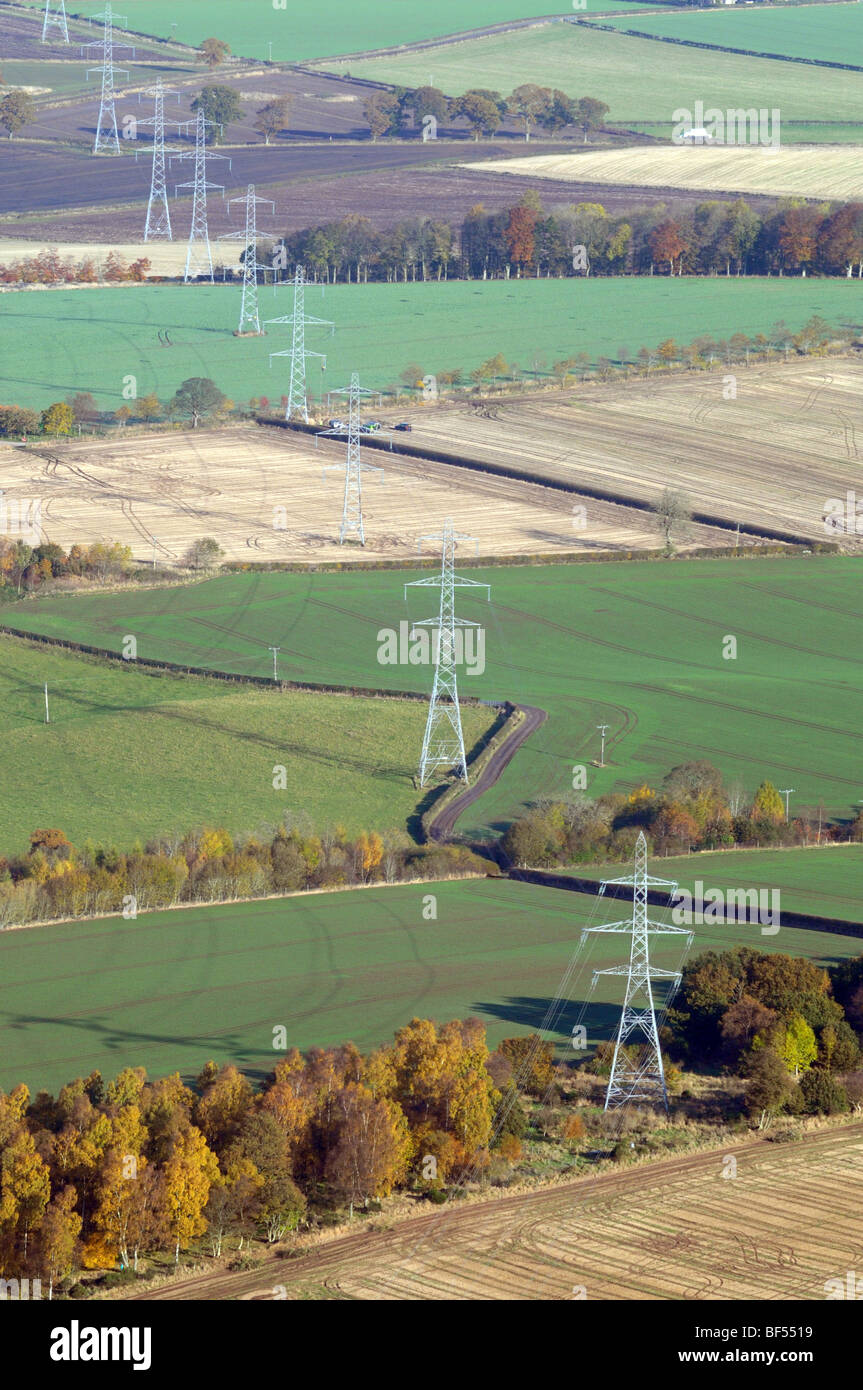 Aerial view of electricity pylons in Perth and Kinross Scotland Stock