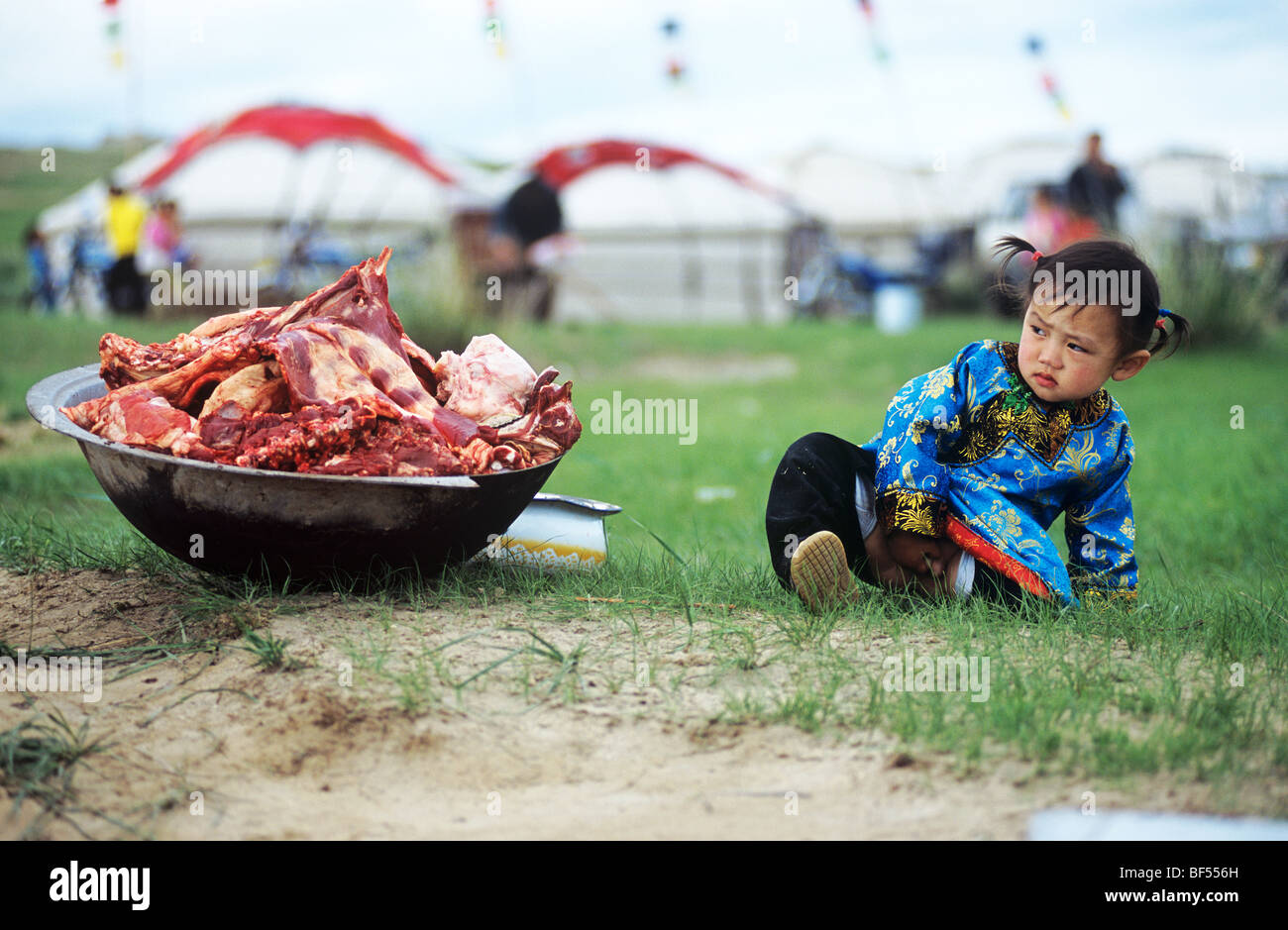 Mongolian girl sitting beside a basin full of raw lamb, Xilin Gol ...