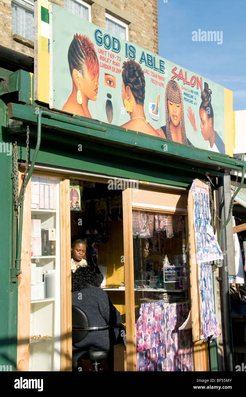 UK.Afro Caribbean beauty shop in Ridley Rd. market,Hackney,London.Photo Julio Etchart Stock Photo