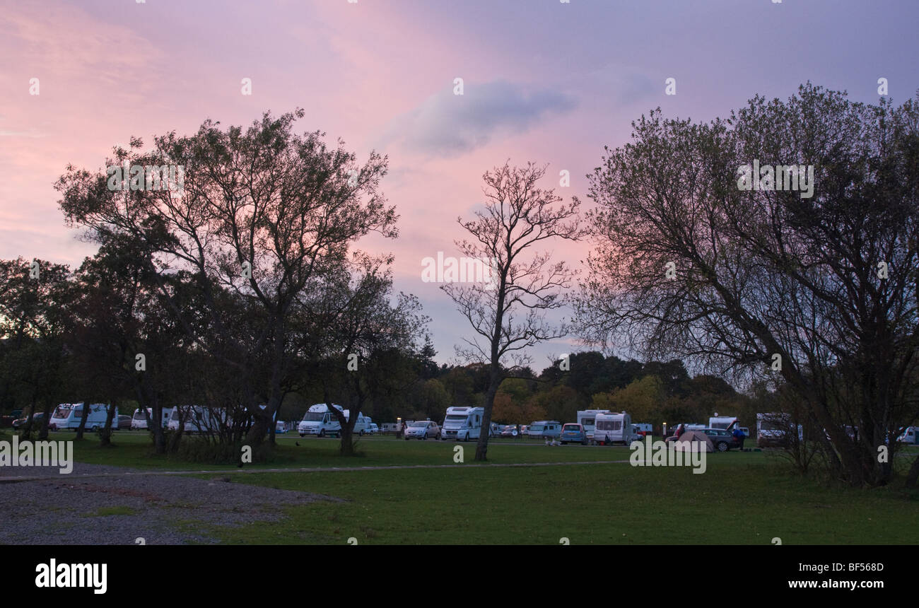 Caravaning and Camping Club site at Keswick. Picture taken at dusk. Stock Photo