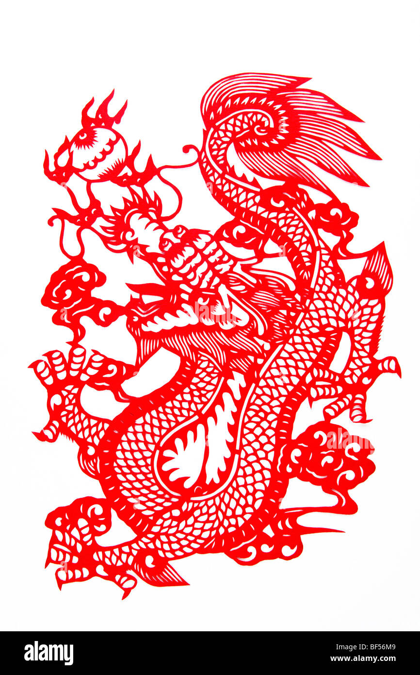 Paper Cutting piece with Chinese horoscope Dragon, Beijing, China Stock Photo