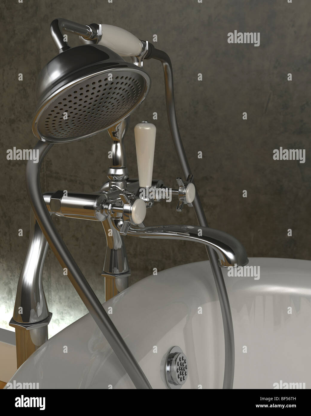 3d render of classic roll top bath and taps with shower attatchment in ...