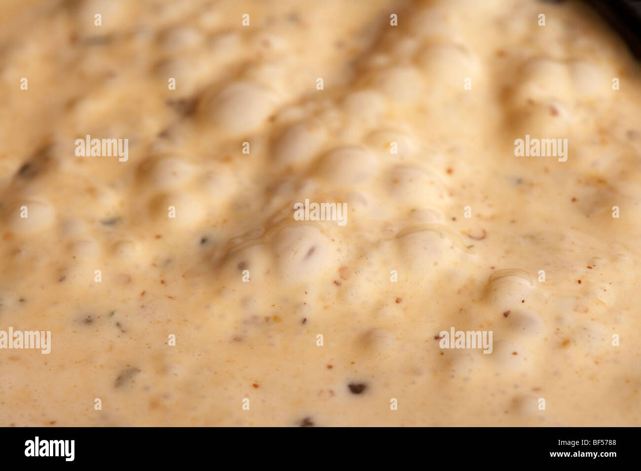 spicy cream peppercorn sauce bubbling and simmering in a pan Stock Photo