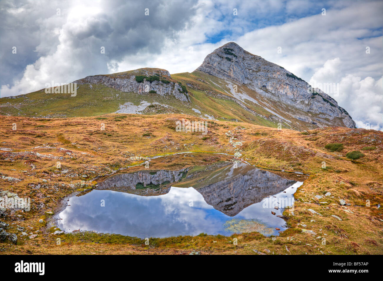 Mt. Margelkopf with a mountain lake in September, Buchs, Swiss Eastern Alps, Switzerland, Europe Stock Photo