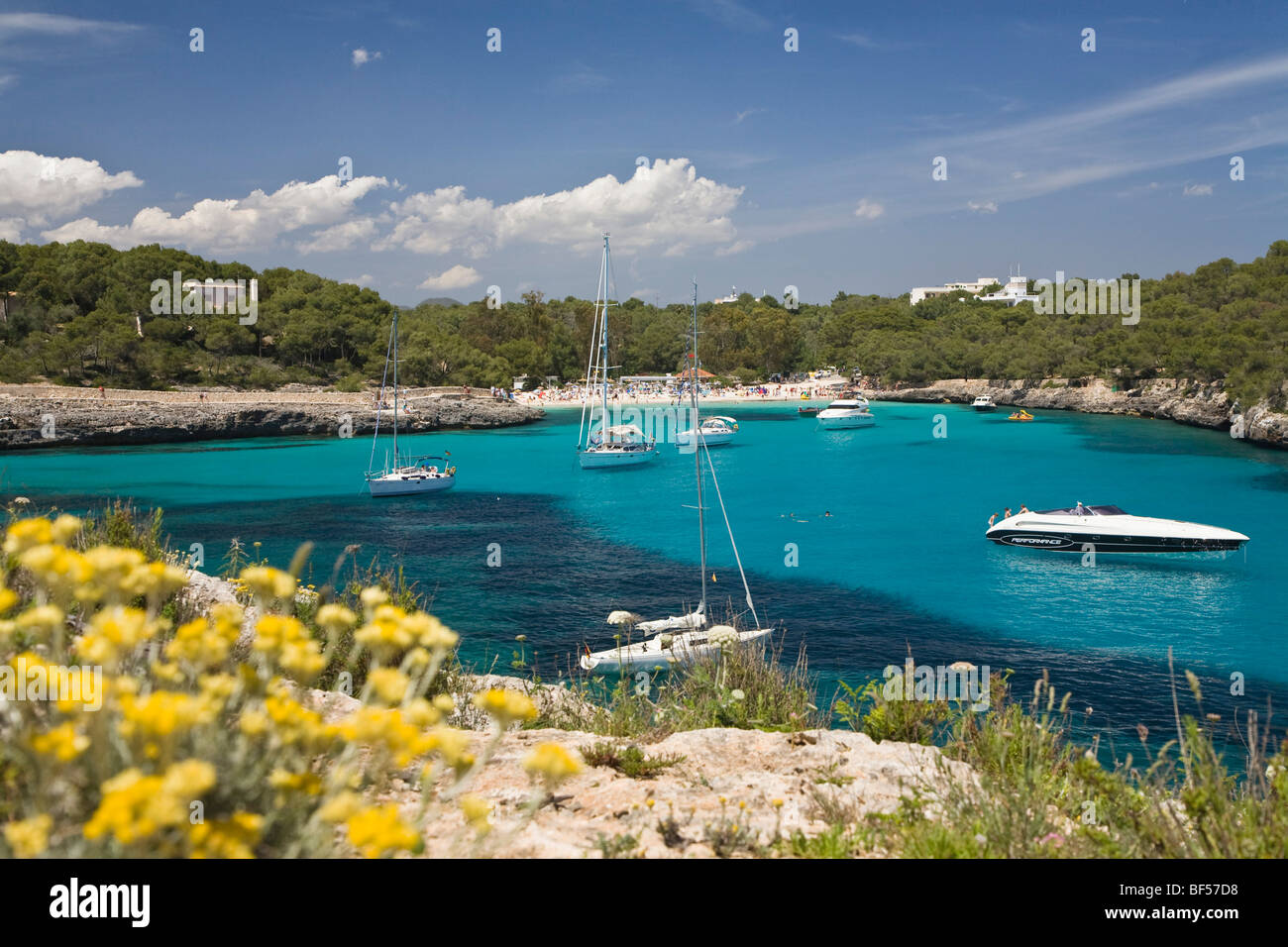 Sailing yachts in the Cala Mondragó bay, beach of Caló d'en Garrot, natural park of Mondragó, Mallorca, Majorca, Balearic Islan Stock Photo