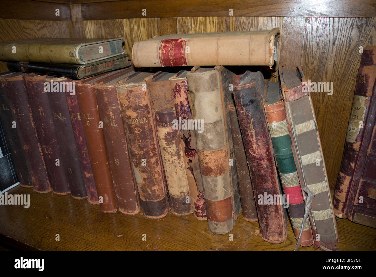 Old leather bound ledgers funeral directors record books in a funeral parlour Frederick W