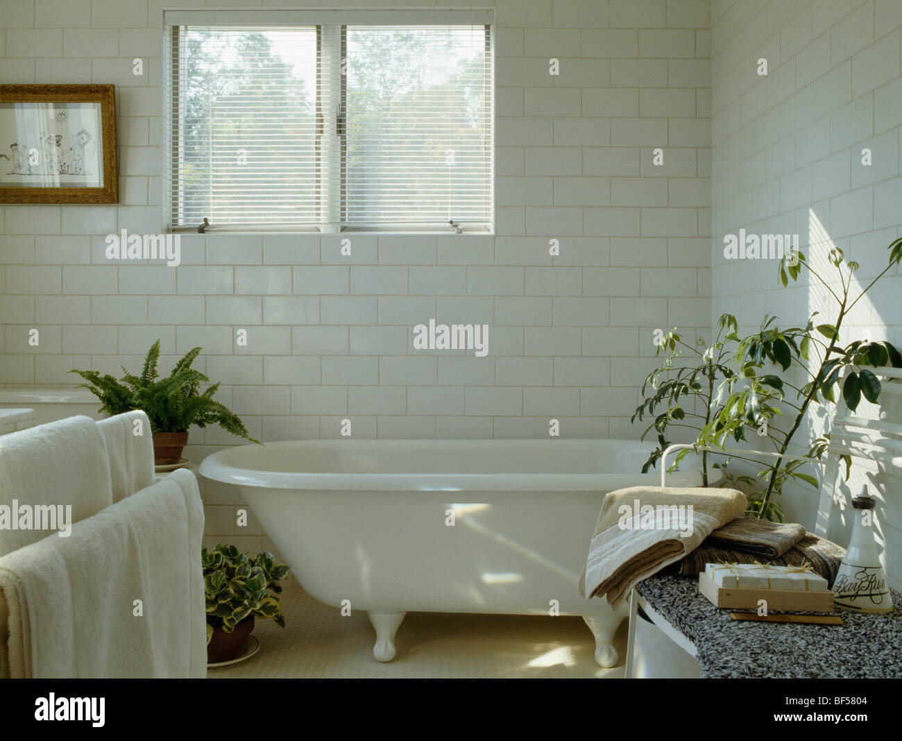 Roll top bath below window in white country bathroom with white tiled