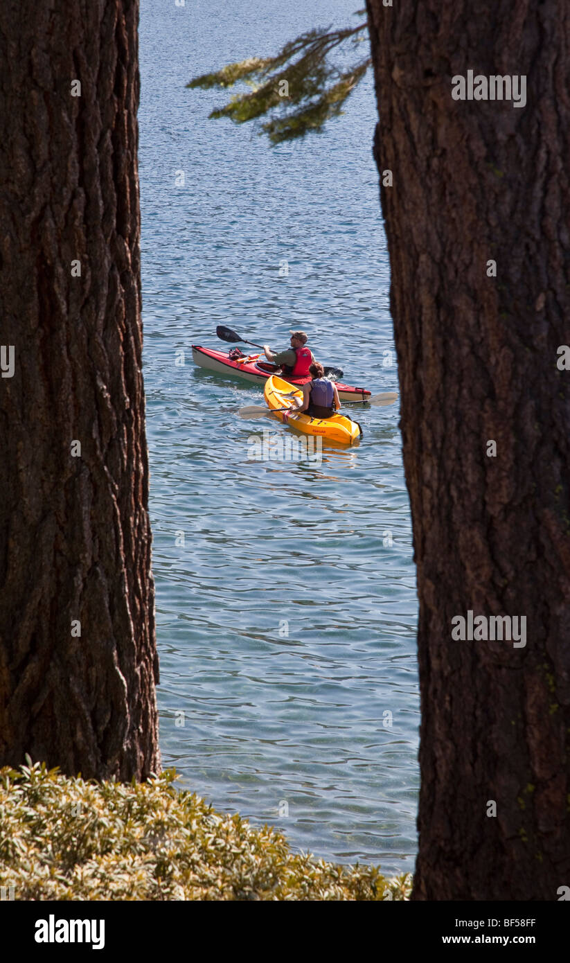 Two kayakers on Fallen Leaf Lake near Lake Tahoe, California, USA Stock Photo