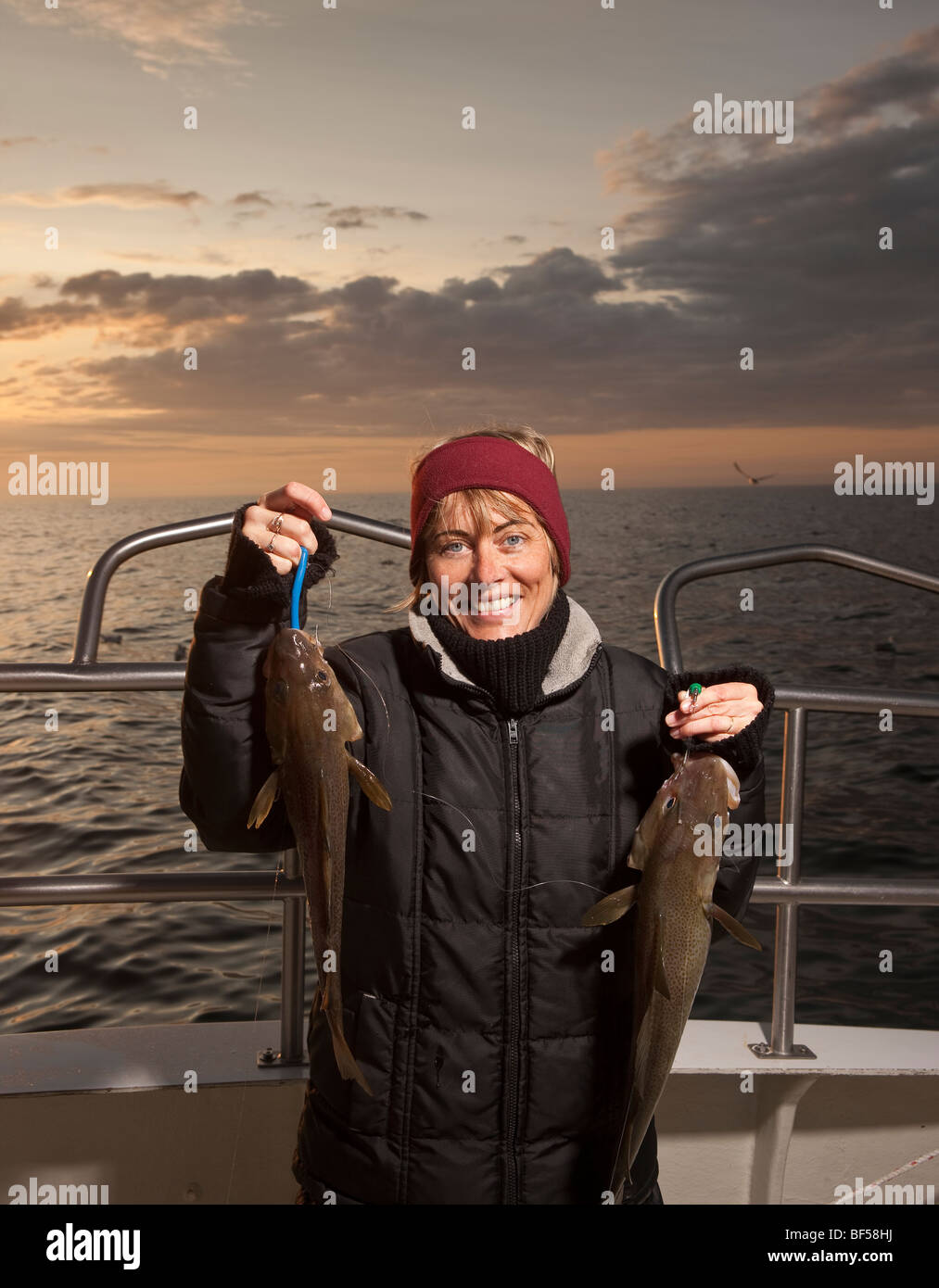 Woman with freshly caught cod, North Atlantic, Raufarhofn, Iceland Stock Photo