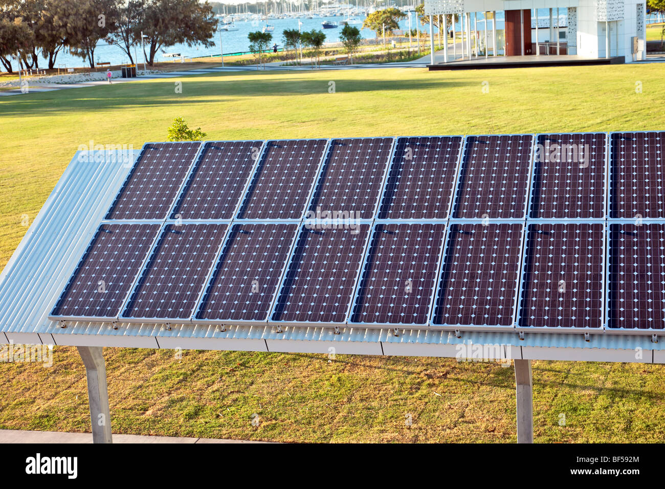 Solar panels provide all required electricity for new community park Southport Broadwalk Queensland Australia Stock Photo