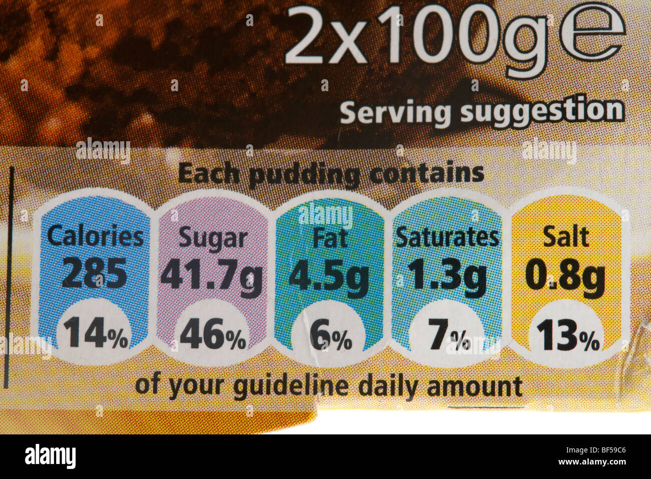 percentage of guideline daily amount food label ona chocolate pudding in the uk showing high sugar and high salt content Stock Photo