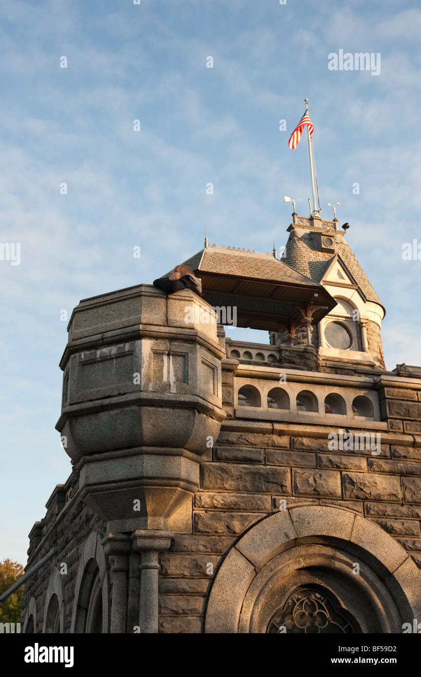 Detail of Belvedere Castle, Vista Rock, in Central Park, New York City, United States of America, with a boy looking over the balcony. Stock Photo