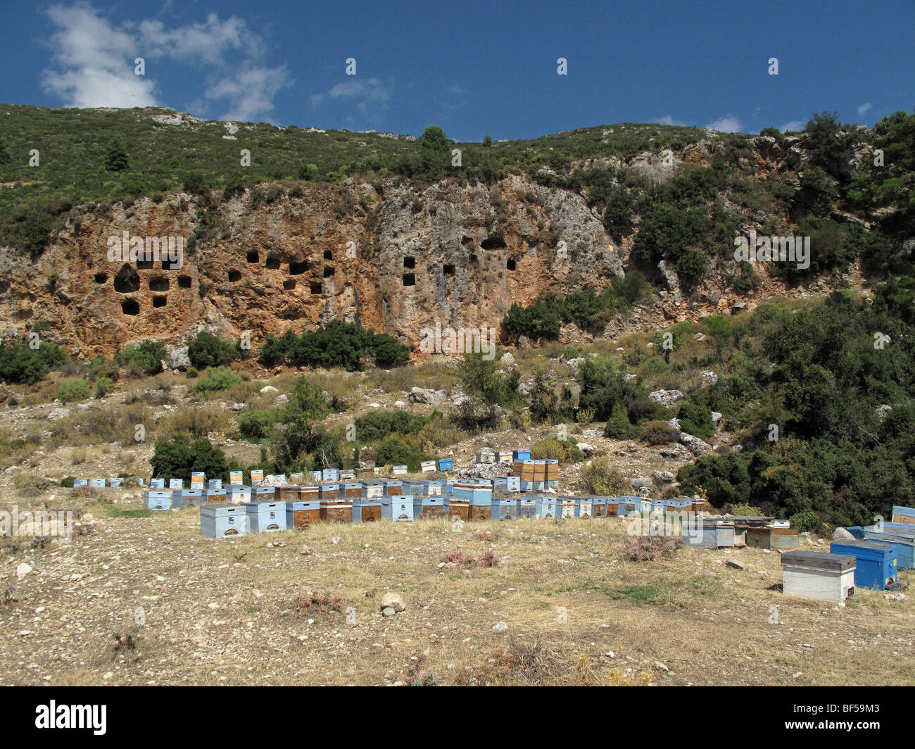 Lycian tombs & beehives, near Kalkan, Antalya, Turkey Stock Photo